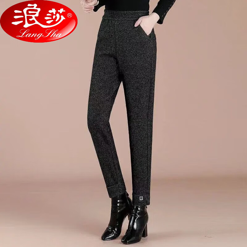 浪莎秋冬新款加厚毛呢哈倫褲顯瘦小腳褲蘿卜褲女松緊腰休閑女士褲子 黑色 【毛呢】 加厚 M 建議【95-105斤】