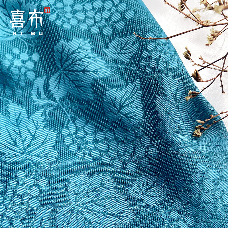 云漫卿孔雀蓝布料孔雀蓝缠枝葡萄纹样时装汉服花罗纱罗旗袍面料仿丝布