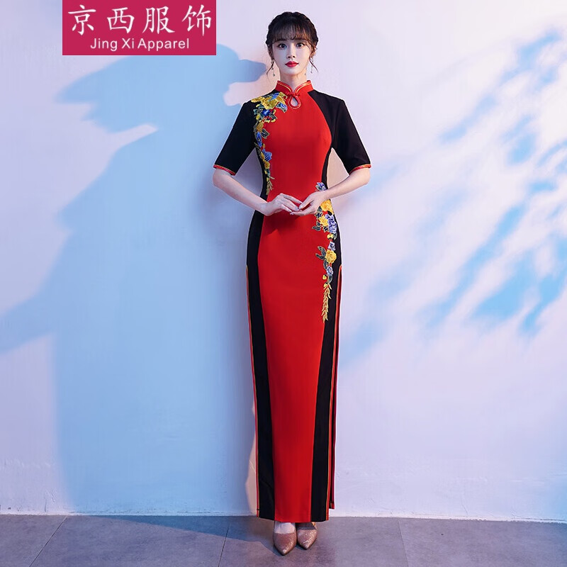 礼仪小姐服装颁奖礼仪服装旗袍新款迎宾小姐长款礼服舞台风走秀演出服