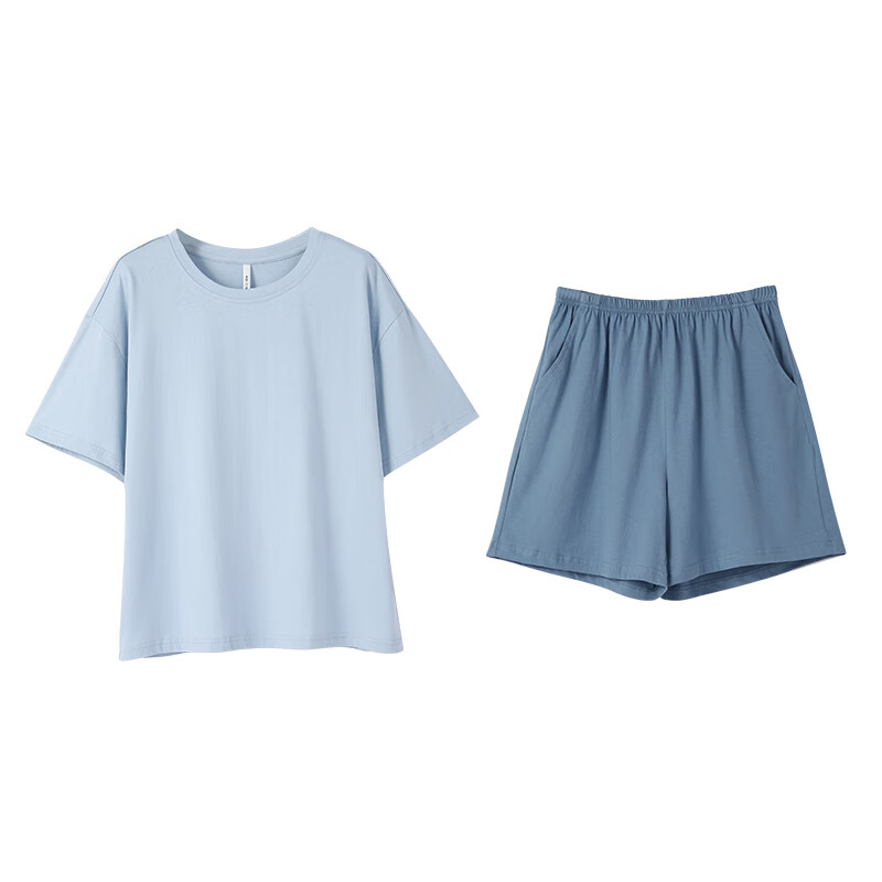 安之伴【巨柔软】睡衣女春夏季100%纯棉新款短袖纯色家居服 牛仔兰 L