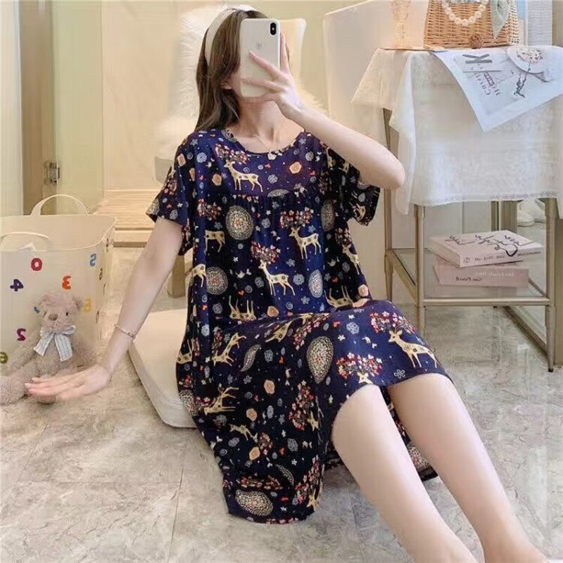 燠阳新款绵绸女士印花连衣裙短袖夏季休闲绵绸睡qun薄款家居 绵绸连衣裙-经典波点 加大码（建议130-170斤）