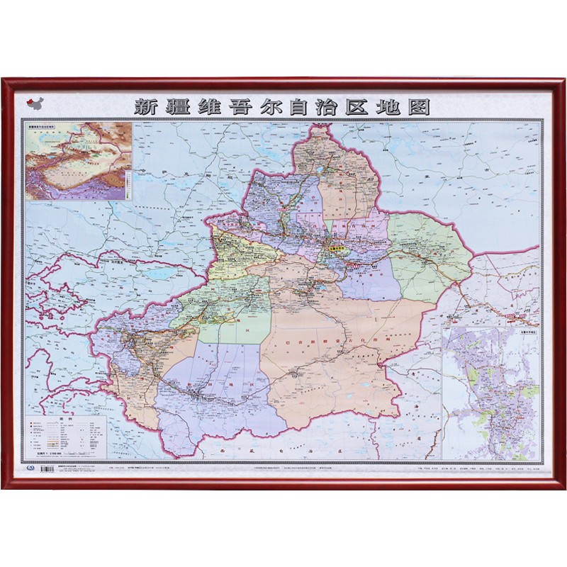 【定制边框】2023年 新疆维吾尔自治区地图 木框装裱 约1.1米*0.8米 红棕色边框
