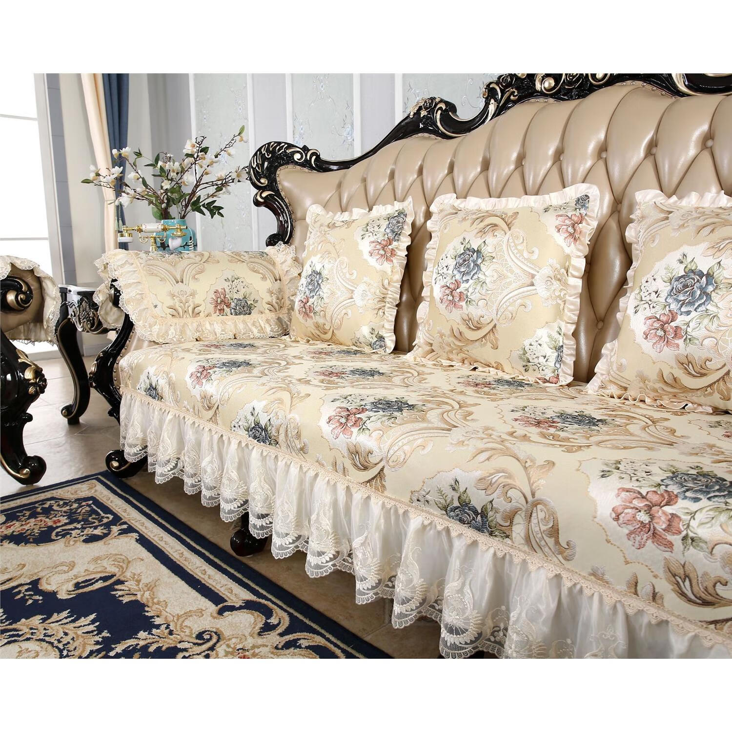 夢品雅歐式沙發(fā)墊坐墊法式防滑四季通用輕奢美式復古沙發(fā)套罩巾 歐麗莎 金 蕾絲款 90cm*150cm 坐墊蕾絲下垂