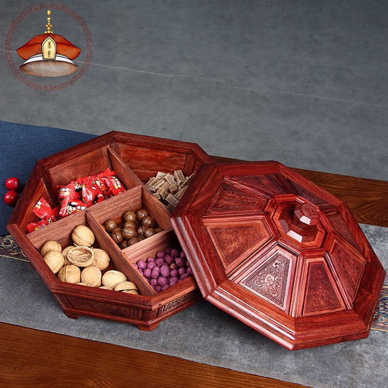 复古水果盘家居休闲零食盒分格干果盒红木果盒冠木匠 八仙八宝雕花