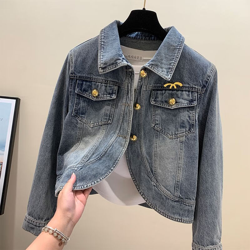 奕菓牛仔外套女短款小个子新款韩版破洞小香风牛仔外套女工装上衣2023