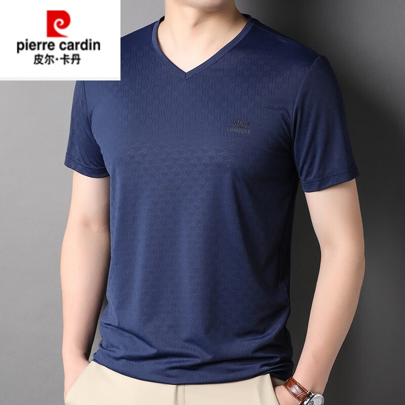 皮尔卡丹短袖t恤男冰丝夏季速干t恤半袖中年烫钻男士鸡心v领t恤 藏青
