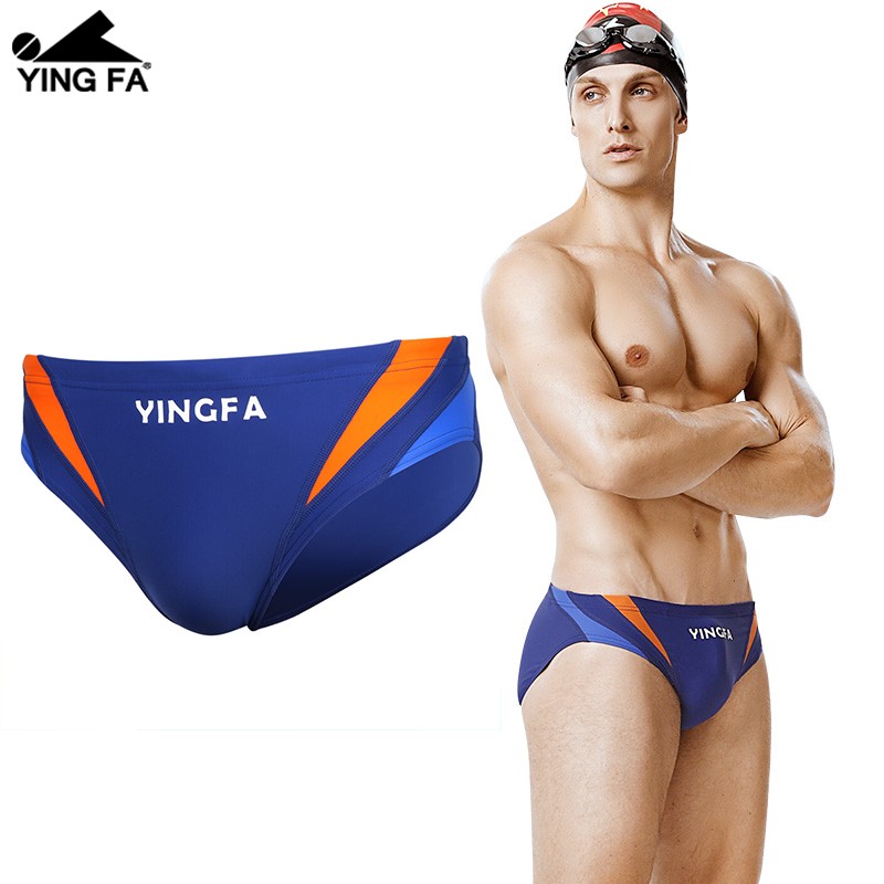 英發(fā)（YINGFA） 男士三角拼色專(zhuān)業(yè)泳褲競速速干 成人兒童游泳比賽訓練游泳褲 藍拼桔色 2XL (腰圍86-90厘米/33-35碼)