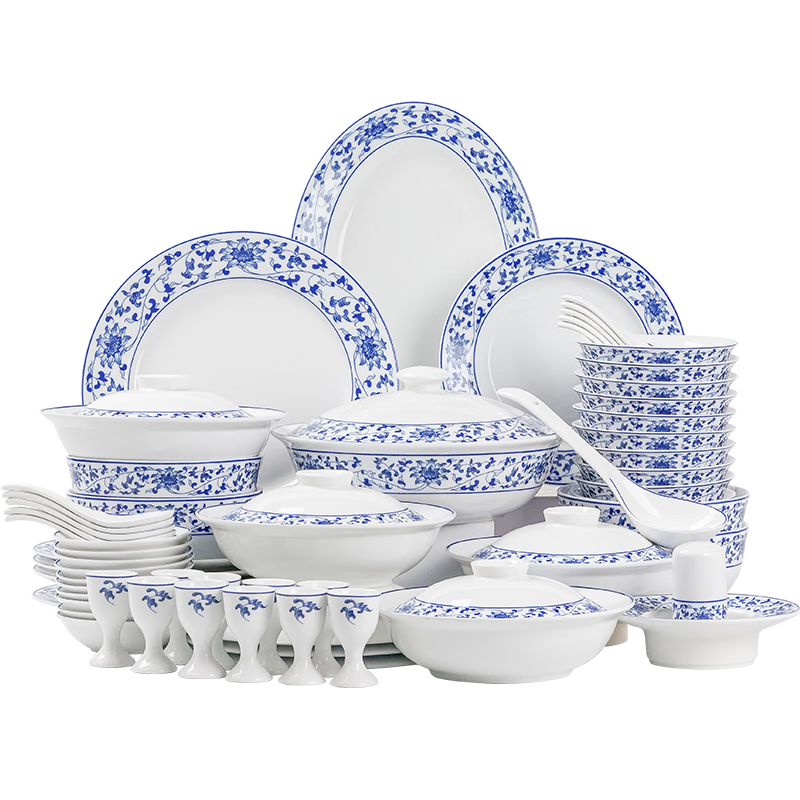 景德鎮（jdz）紅葉中式青花陶瓷餐具套裝釉中彩碗盤(pán)套組吃飯碗碟盤(pán)子喬遷禮物 古韻纏枝62頭餐具（10人用） 62頭