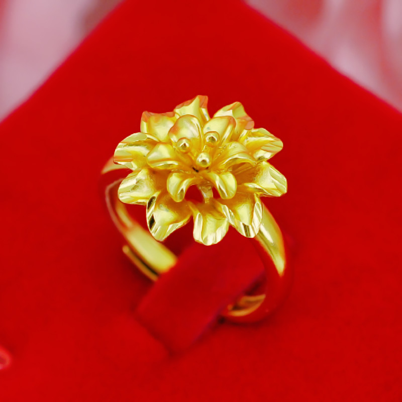 金色情侣戒指女韩版砂金戒指款新娘结婚镀金指环尾戒首饰 紫荆花开口