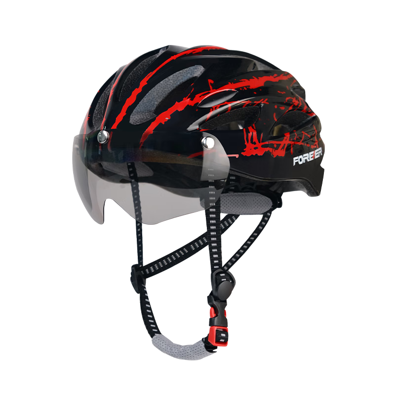 永久（FOREVER）骑行头盔自行车头盔国标认证磁吸风镜男女帽 黑红色