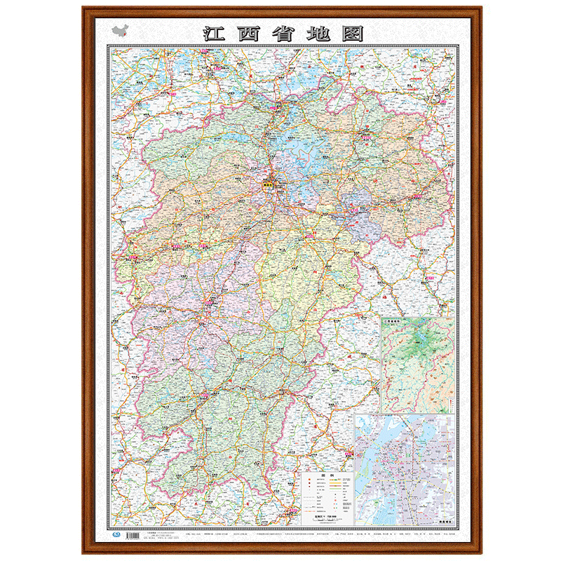 【定制边框】2022年 江西省地图 木框装裱 带框挂图 约1.1米*0.8米 胡桃色边框