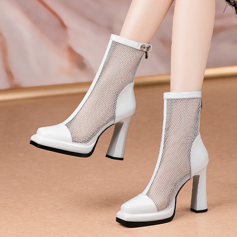 芘琍嘉春夏新款镂空高跟透气凉靴欧美风超高跟粗跟牛皮网靴舒适时尚网