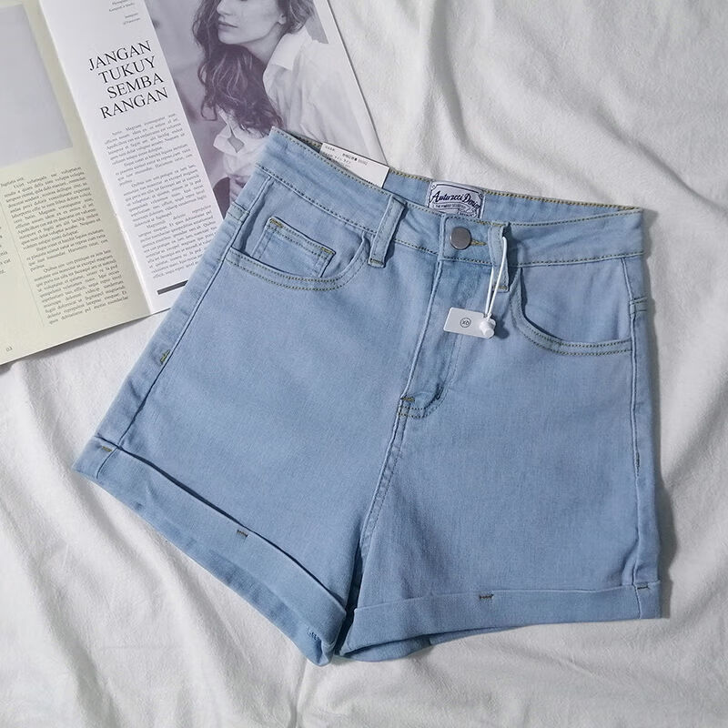 恺吉锐bi入款复古夏季网红卷边弹力高腰紧身牛仔短裤女热裤 浅蓝色 xs