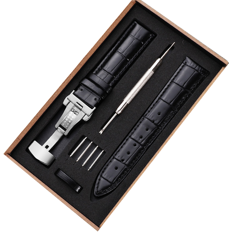 寶燦 真皮手表帶男女表帶適用于dw天梭浪琴卡西歐阿瑪尼天王華為西鐵城等通用蝴蝶扣表鏈 金自動(dòng)扣-黑色黑線 20mm