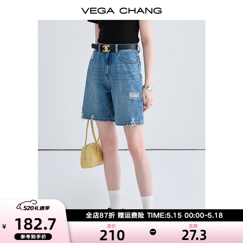 VEGA CHANG破洞牛仔裤女2024年夏季新款设计感磨毛直筒牛仔短裤 牛仔蓝 L