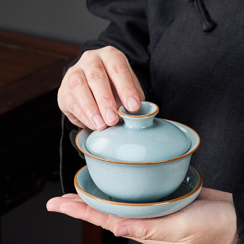 端匠汝窑茶具整套装功夫泡煮陶瓷高壶杯器办公家用道盖碗手工送礼盒档 汝窑商用送礼【豪华套装】 15件