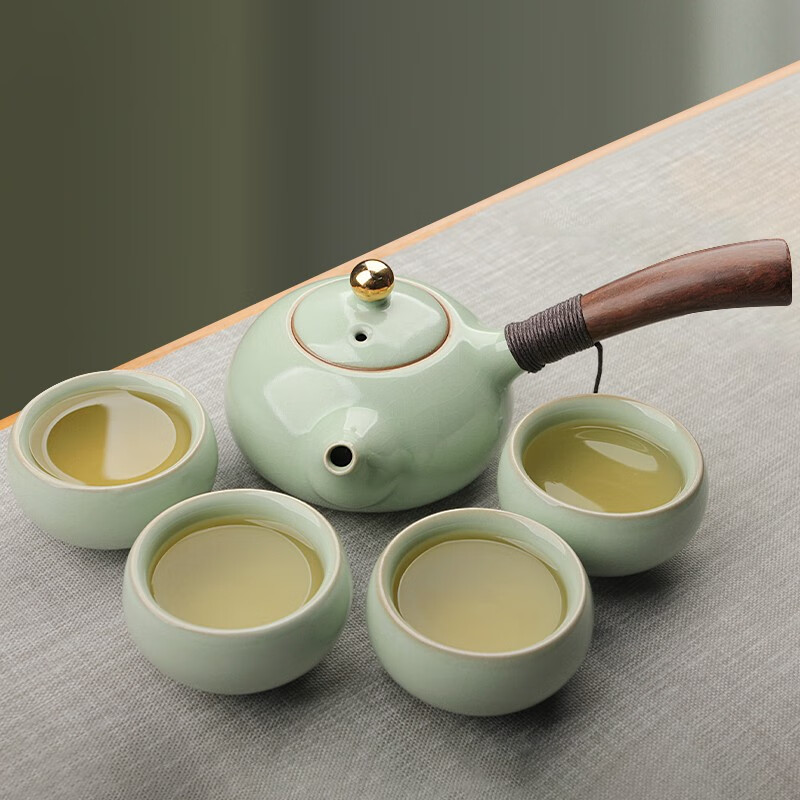 景德镇陶瓷一壶四杯旅行茶具汝窑开片侧把壶木把手功夫茶具配件 汝窑