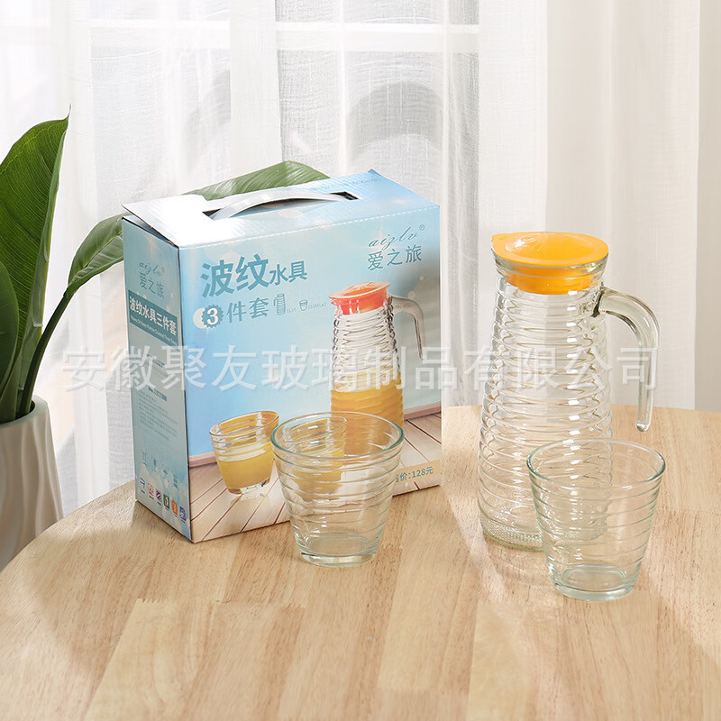 萌依儿 (mengyier)酒店水具产地货源 玻璃冷水壶八角水具五件套 玻璃杯凉水壶套装的 波纹壶三件套20套/箱