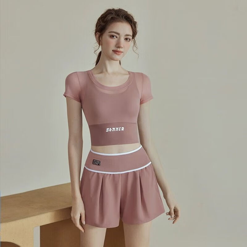 欲动瑜伽服套装女仙气高级感专业普拉提健身服款夏季感健身上衣训练 粉半袖款 Ｍ 建议体重95-110斤
