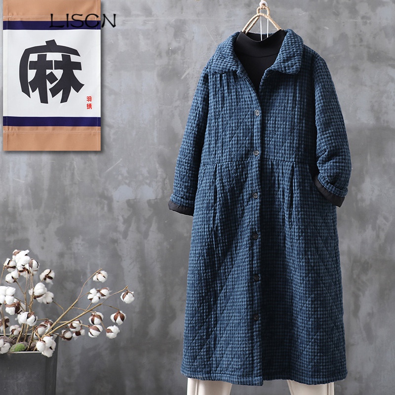 6767liscn民族风棉服女自制复古文艺棉麻格子中长款加棉棉服女