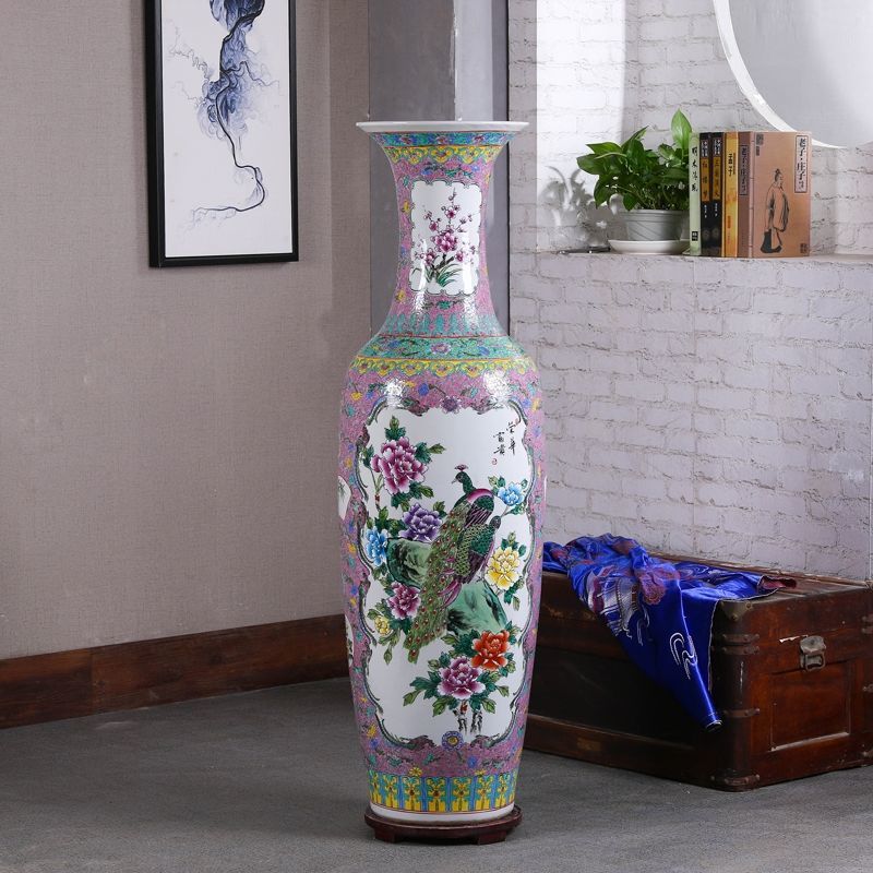 白凤凰景德镇陶瓷落地大花瓶仿古粉彩手绘花鸟客厅插花酒店开业送礼