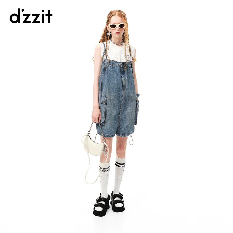 DZZIT地素时尚牛仔裤春夏季解构工装风抽绳设计背带短裤女3H2R0041S 蓝色 XS