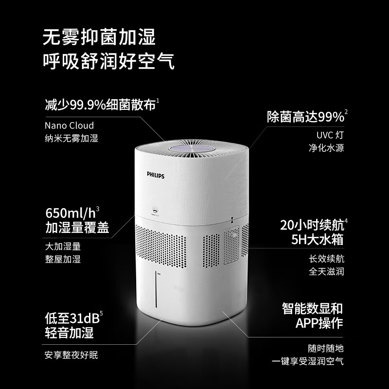 飞利浦 (PHILIPS)无雾加湿器 卧室家用低噪加湿器 大容量母婴无菌加湿 智能调节 大加湿量HU5969/00