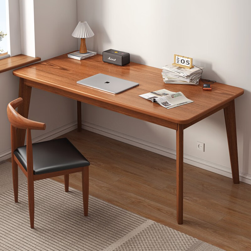 蔓斯菲尔（MSFE） 书桌书柜组合电脑桌台式写字桌家用办公桌子实木腿书桌椅组合 【升级常规款+单桌】140cm胡桃色