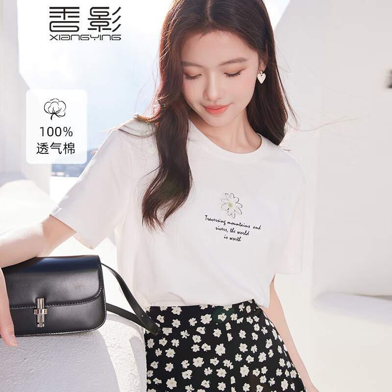 香影（xiangying）纯棉白色t恤女短袖2024年夏季新款字母圆领体恤休闲刺绣上衣 白色 S