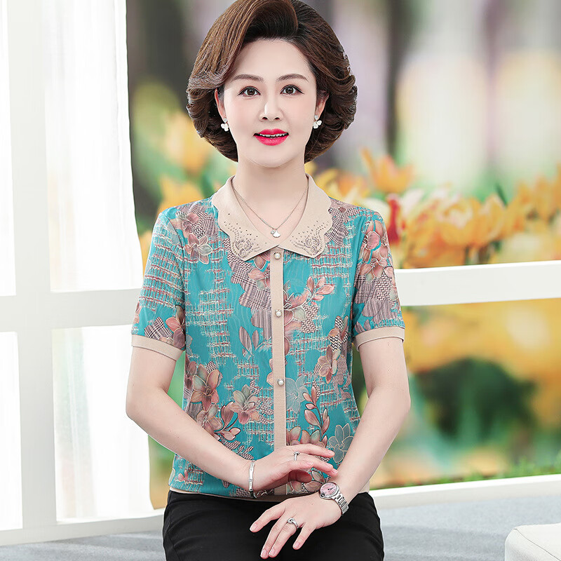 艾诗甜夏天妈妈短袖中老年妇女夏装翻领上衣50岁中老年女款清凉t恤衫