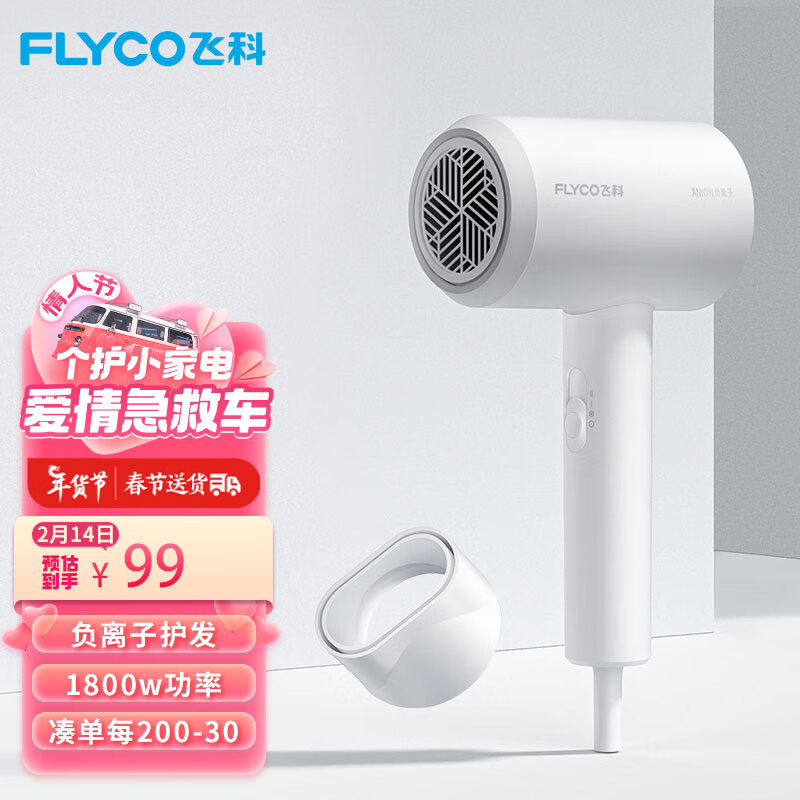 飞科 FLYCO 电吹风机宿舍用 柔风负离子恒温护发 家用冷热大风量快速干发吹风筒FH6290 1800W