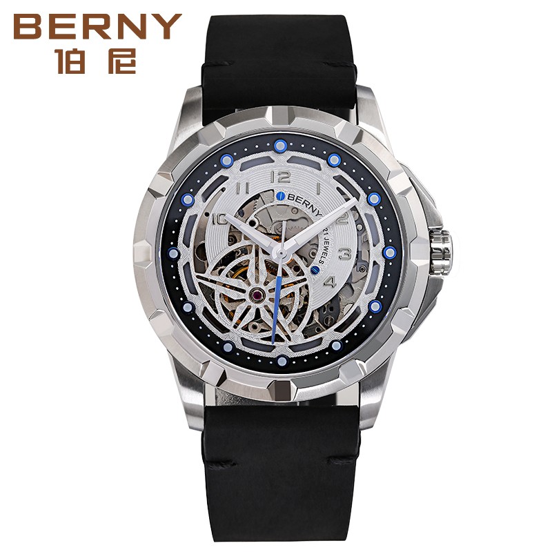 伯尼(berny)手表男士全自动机械表男表新款商务防水不锈钢时尚镂空