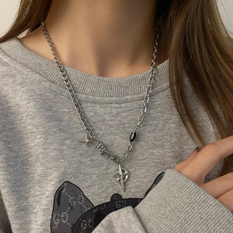 星芒月牙十字架项链男ins嘻哈潮酷欧美配饰小众轻奢女 月牙星芒项链