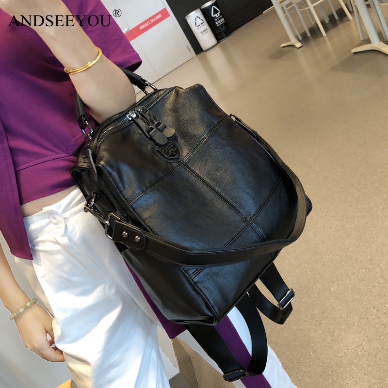 andseeyou品牌 女士双肩包 简约拼接真皮双肩包旅行包女背包时尚手提
