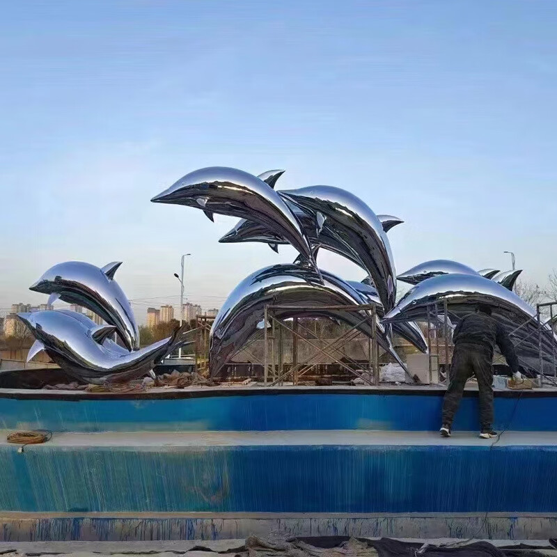 瀛乐 不锈钢海豚雕塑售楼部户外商场水景美陈大型镜面海豚公园景观摆