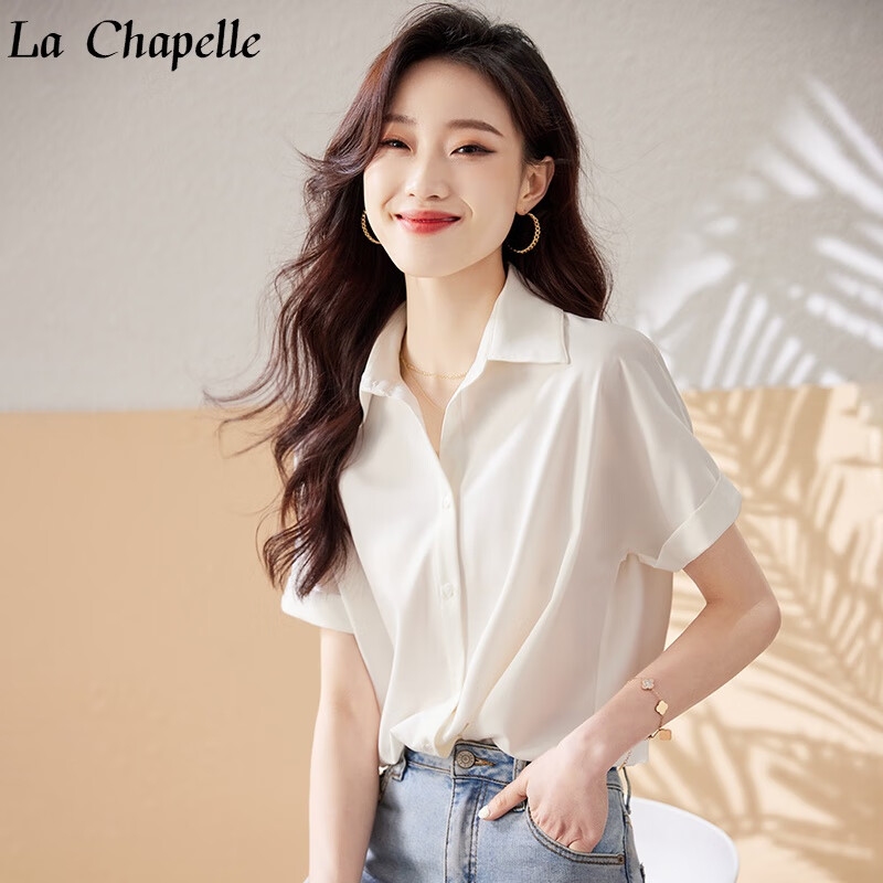 拉夏贝尔（La Chapelle）短袖衬衫女2023夏季缎面衬衫通勤气质简约时尚宽松显瘦polo领上衣 白色 M