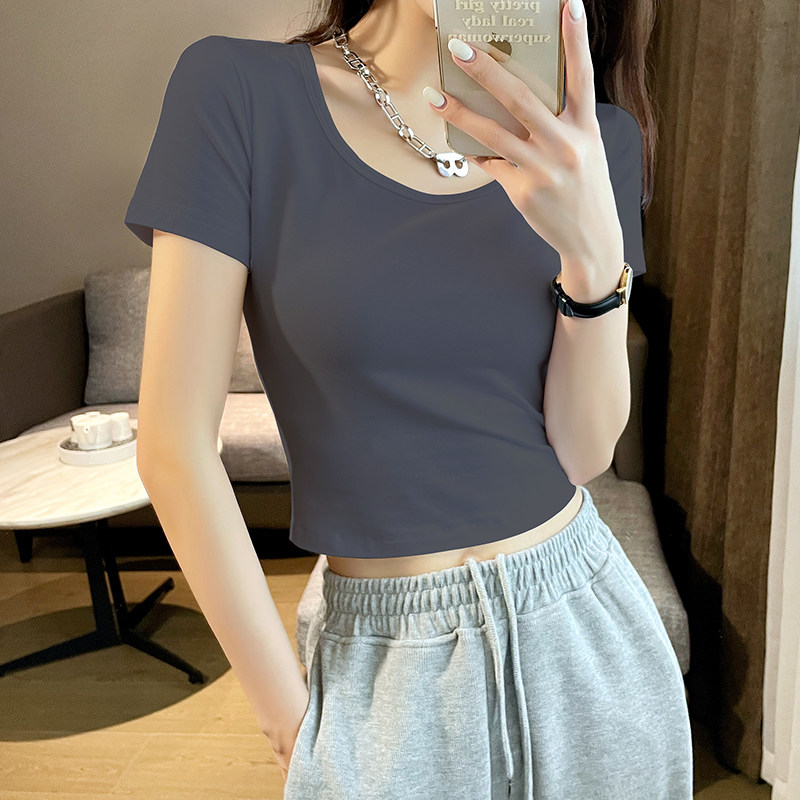 女生短袖短款紧身t恤女夏女士小众高腰露脐半袖上衣潮 烟灰色 s