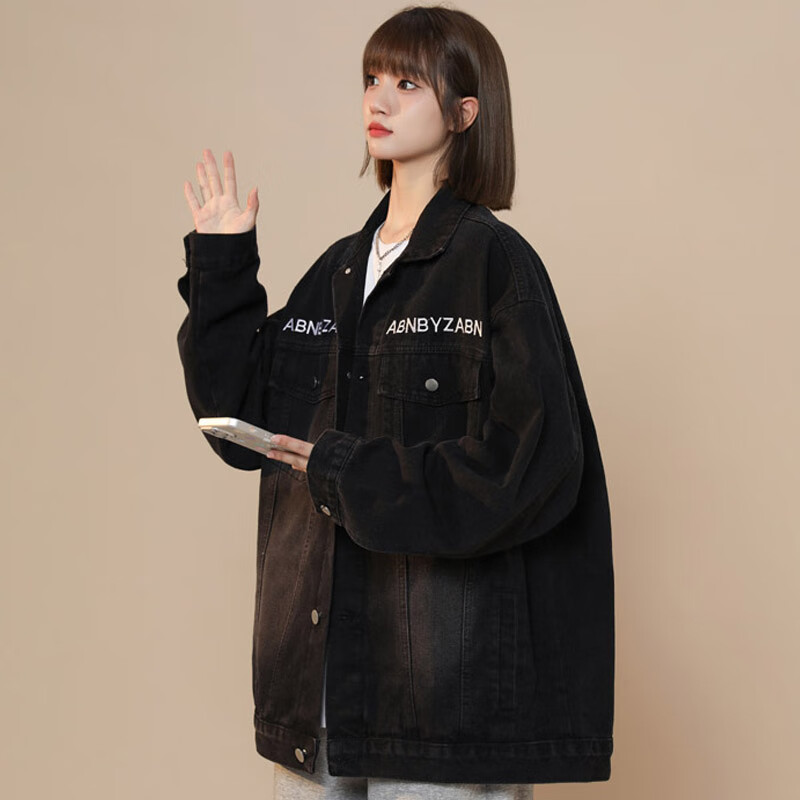 qgf美式渐变牛仔夹克女春季新款外套潮流字母刺绣宽松百搭上衣外套女