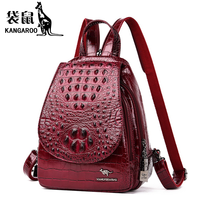 袋鼠鳄鱼纹女双肩包2024新款时尚百搭女软皮皮质小背包 酒红色