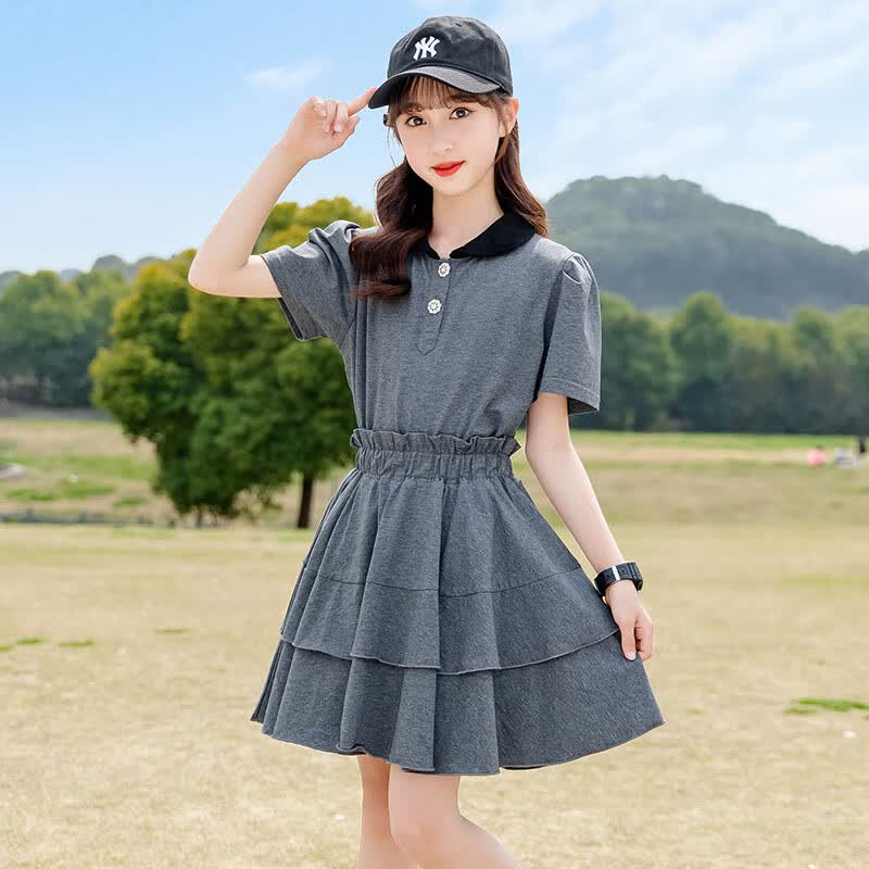 乐千寻(leqianxun)女童装夏季新款中大童女孩时尚学院风polo短袖半身