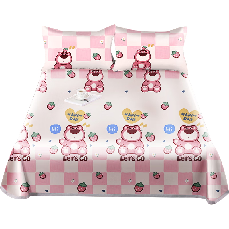 迪士尼（Disney）冰丝凉席三件套 丝滑套件夏天家纺双人枕套可折叠夏季床单款成人1.5/1.8米床通用 草莓熊