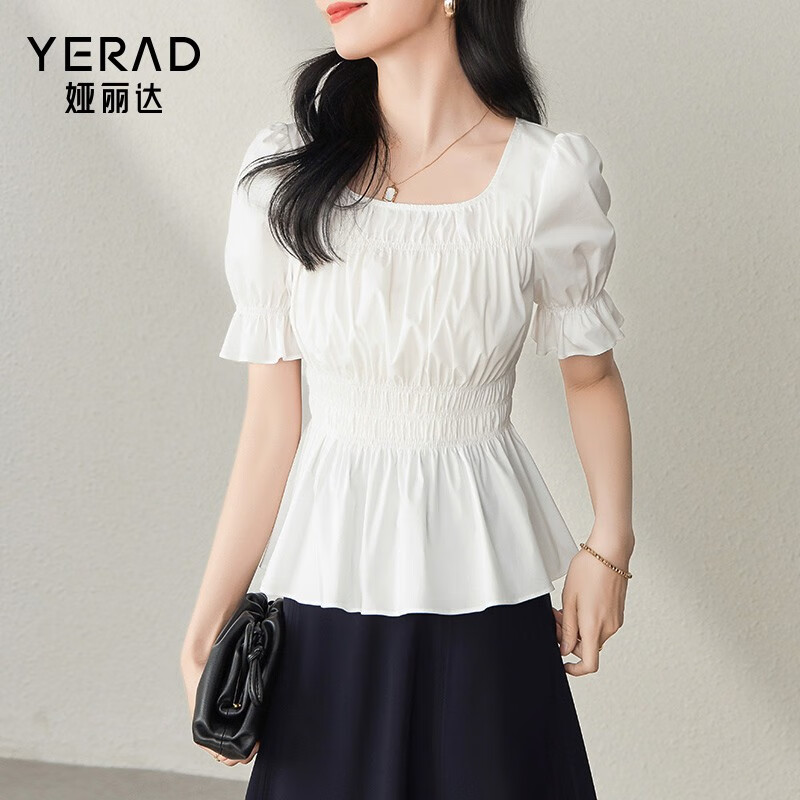 yerad)白色短袖女夏季新款洋气显瘦小衫收腰遮肚子上衣 白色(k0)-盐白