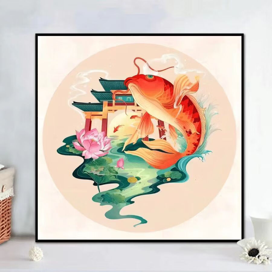 筏芯数字油画diy填色好运锦鲤萌宠手绘国潮艺术丙烯画玄关入门装饰画