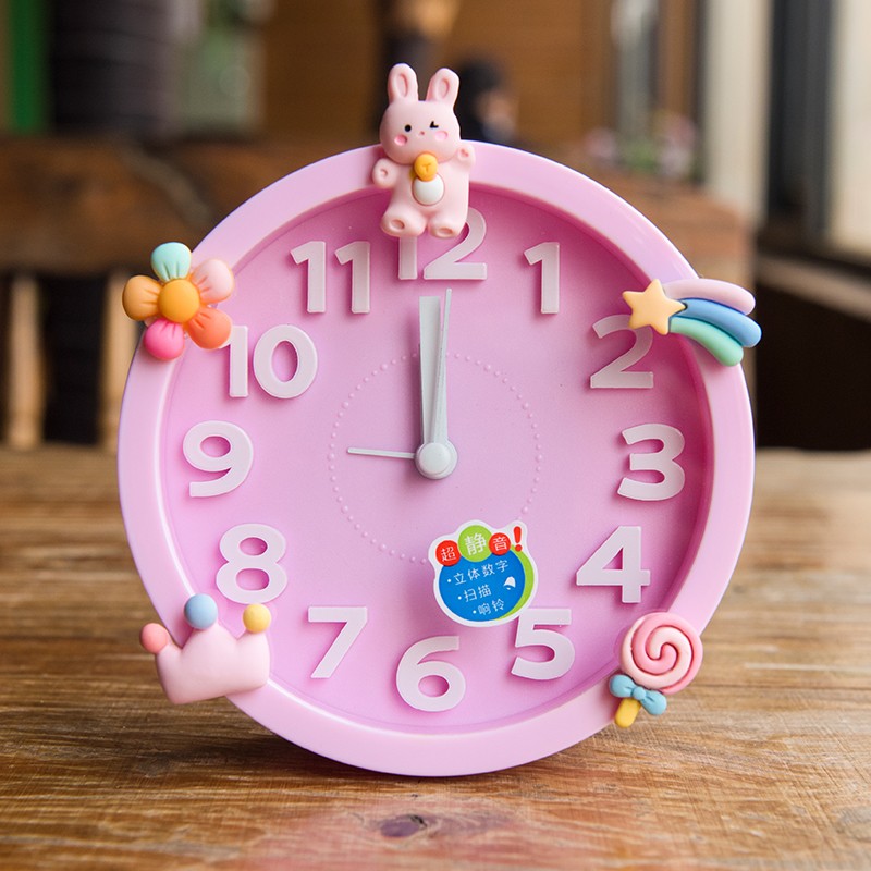 儿童闹钟男孩小闹钟学生可爱卡通闹铃女孩宿舍床头桌面时钟 粉色小兔