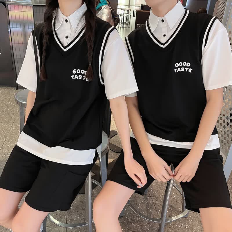 生2023夏季新款校服韩版宽松运动风假两件短袖套装学生潮 黑色上衣 s