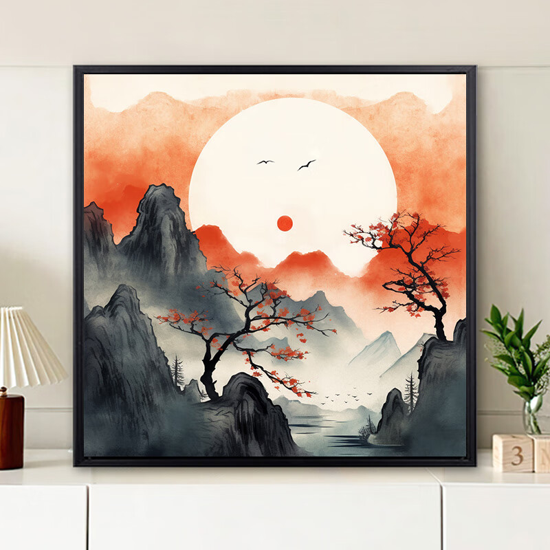 南暖中式水墨风夕阳山水画diy数字油画手绘画画填色丙烯填充画感 x