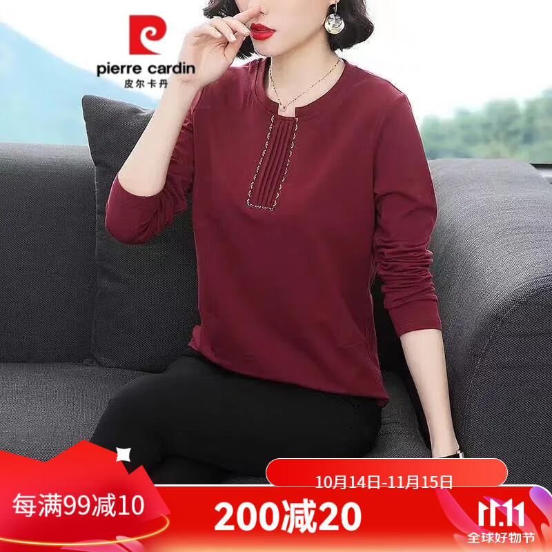 cardin)纯棉长袖t恤女宽松上衣2024秋季新款中年妈妈秋衣外穿洋气打底
