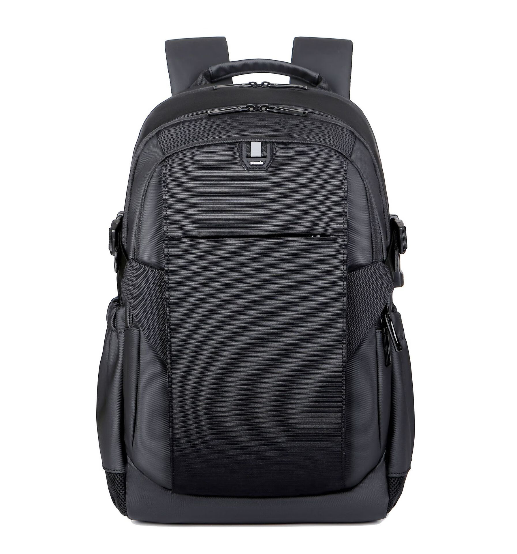 容量学生双肩包男女充电印字反光电脑背包 2209皮膜配牛津布黑色 16寸