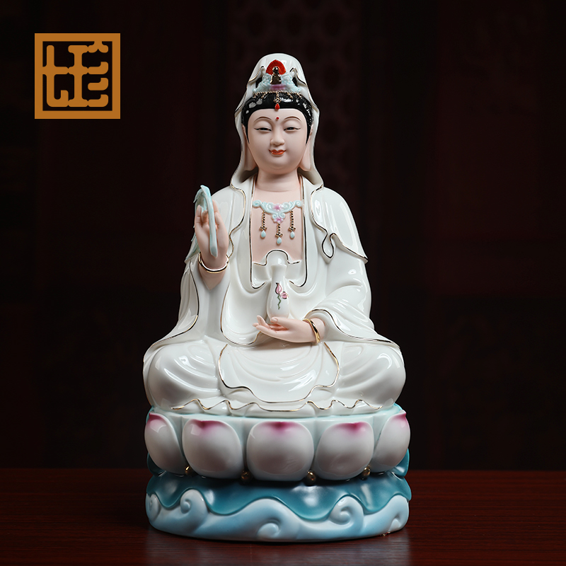 七珍 彩绘陶瓷荷叶观音菩萨佛像摆件观世音菩萨客厅家用供奉神像 12吋