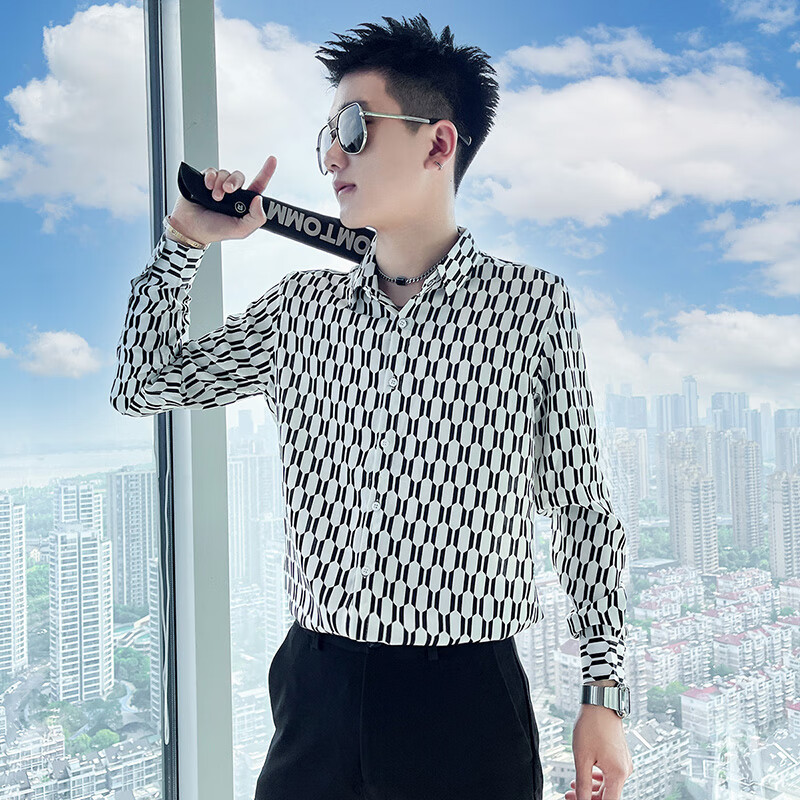 裴宏社会人发型师衬衫男修身s码潮流理发店精神小伙长袖衬衣 白色 s